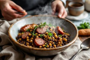 Lentilles beluga aux saucisses, une recette savoureuse et réconfortante pour toute la famille