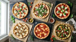Six pizzas variées sur table en bois rustique