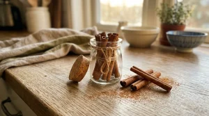Pot de bâtons de cannelle sur table en bois