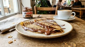 Crêpe garnie de Nutella avec glaçage chocolat et café