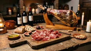 Plateau de jambon ibérique, pain, figues, vin et bougies