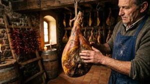 Artisan présentant un jambon fumé dans cave traditionnelle