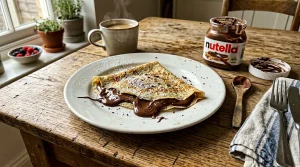 Crêpe Nutella sur table en bois avec café et fruits