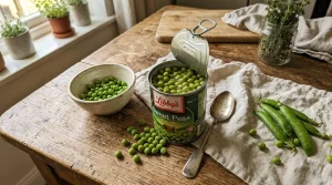 Boîte de petits pois ouverte avec pois frais éparpillés sur table en bois