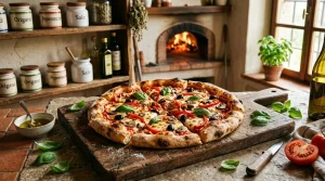 Pizza fraîche sur planche bois, four à bois, herbes et tomates