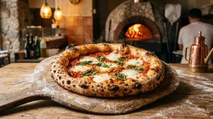 Pizza fraîche avec tomate, mozzarella et basilic sur pelle