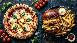 Pizza Margherita et burger avec frites sur surface ardoise
