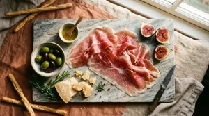 Plateau de marbre avec charcuterie, fromage, figues et olives