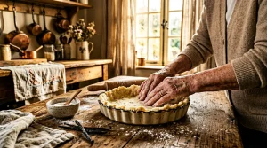 Mains âgées préparant une tarte dans une cuisine rustique ensoleillée