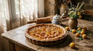 Tarte aux abricots sur table bois avec fleurs et fruits