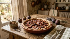 Tarte aux figues avec lavande sur table rustique