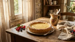 Tarte dorée avec fruits rouges sur table en bois ancien