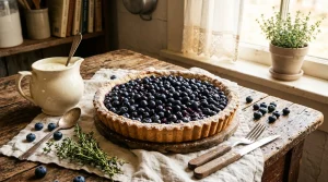 Tarte aux myrtilles sur table rustique avec ustensiles