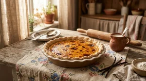 Tarte dorée sur table rustique avec ustensiles de cuisine