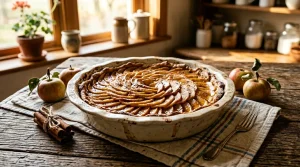 Tarte aux pommes dorée avec pommes fraîches et cannelle