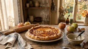 Tarte spirale aux pommes sur table rustique avec fruits
