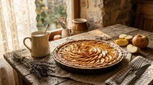 Tarte aux pommes spirale sur table bois rustique avec cruche