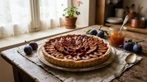 Tarte aux prunes fraîches sur table rustique avec confiture