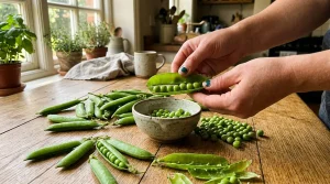 Mains écossant des petits pois verts sur plan de travail