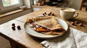 Crêpe garnie de chocolat, noisettes et café chaud