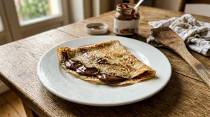 Crêpe fourrée de chocolat sur assiette blanche