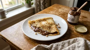 Crêpe garnie de pâte à tartiner noisette cacao sur assiette blanche