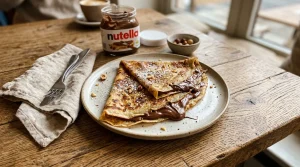 Crêpes fourrées au Nutella sur assiette avec ustensiles