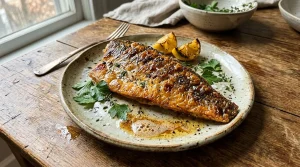 Filet de poisson doré garni de citron et herbes fraîches