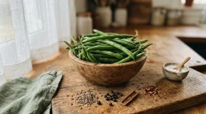 Bol de haricots verts avec épices sur plan de travail