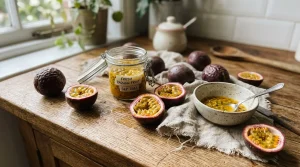 Fruits de passion frais et confiture maison sur table en bois