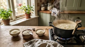 Cuisine rustique avec casserole et ingrédients préparés