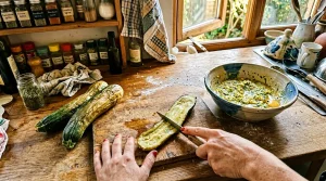 Mains préparant des courgettes tranchées dans une cuisine rustique.