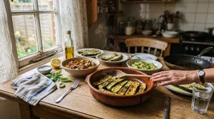 Table avec plats de légumes grillés et préparation culinaire