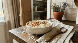 Bol de porridge avec amandes et cannelle sur table rustique