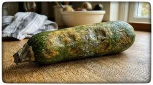 Concombre moisi et décomposé sur surface en bois