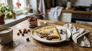 Crêpe garnie de Nutella, café et noisettes sur table en bois