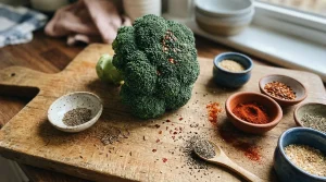 Brocoli frais entouré d'épices et d'ingrédients sur planche bois