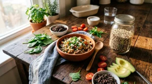 Bol de quinoa avec légumes frais et ingrédients biologiques sur table en bois