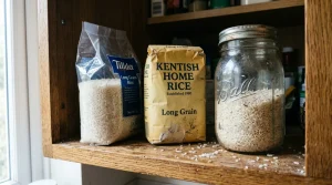 Trois contenants de riz long grain alignés sur une étagère en bois