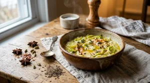 Bol de soupe aux poireaux garni d'épices et herbes aromatiques