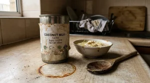 Boîte de lait de coco périmée sur plan de travail poussiéreux