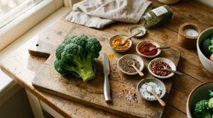Broccoli frais et épices variées sur planche bois