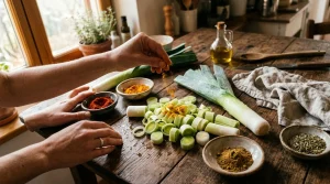 Personne préparant des poireaux avec épices et herbes sur table