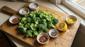 Brocoli frais avec épices et citron sur planche bois