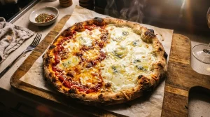 Pizza cuite au four avec deux garnitures différentes présentée