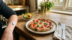 Homme avec capteur CGM dégustant une pizza Margherita artisanale