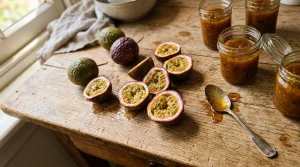 Fruits de la passion frais coupés et pots de confiture faits maison