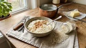 Bol de riz au lait avec cannelle, ingrédients et ustensiles de cuisine