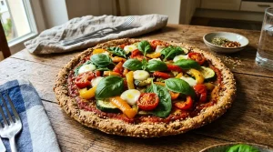 Pizza aux légumes frais, mozzarella et basilic sur table en bois