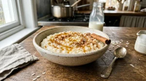 Bol de porridge crémeux garni de miel, cannelle et flocons d'avoine